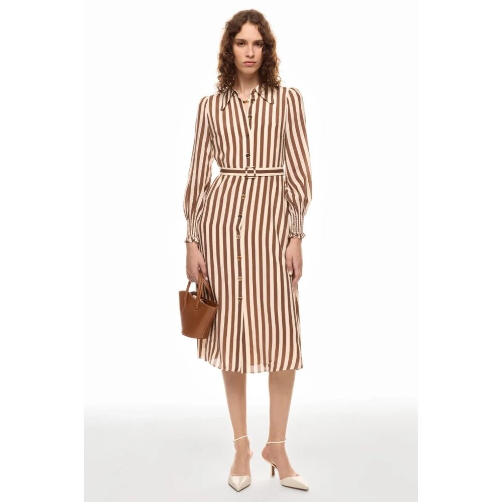 LK Bennett Emelia Brown & Ivory Striped Button-Down Shirt Dress – Size 2
